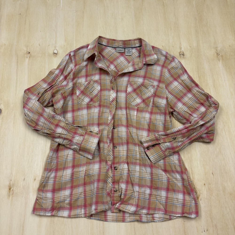 L.L.‎ Bean Shirt Womens Large Beige Pink Plaid Long Sleeve Button Up Top